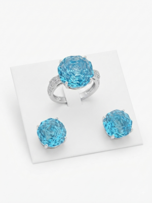 Conjunto brinco e anel zirconia lapidação rose cut. (Regulável)
