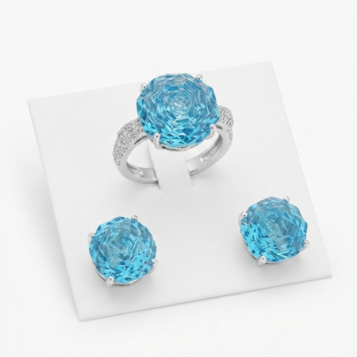Conjunto brinco e anel zirconia lapidação rose cut. (Regulável)