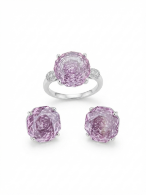 Conjunto brinco e anel zirconia lapidação rose cut rosa. (Regulável)