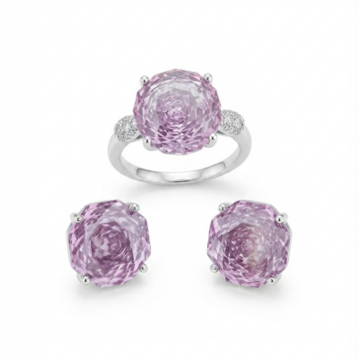 Conjunto brinco e anel zirconia lapidação rose cut rosa. (Regulável)