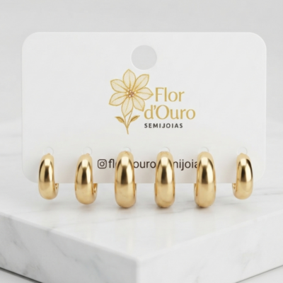 Trio argola banhado a ouro 18k.