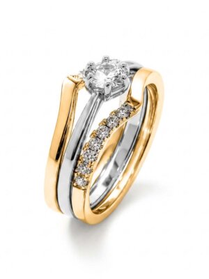 Anel bi-color com micro zirconia, ouro 18k e ródio. (Tam 15)