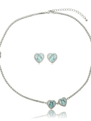 Conjunto riviera coração, pedra azul acqua, em ródio.